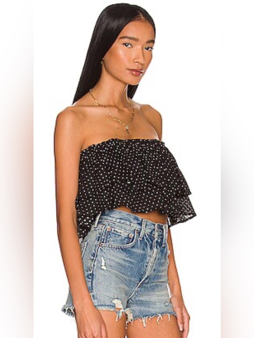 Tularosa Revolve Black Polka Dot Strapless Ruffle Top Size Small